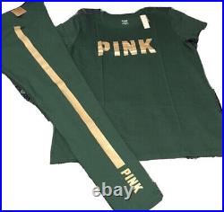 VS PINK XL Satin Green Perfect Tee Leggings In Satin Green With Gold Stripe Set