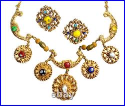 VTG Florenza Gold Plated Metallic Drip Etruscan Style Bib Necklace & Earring Set