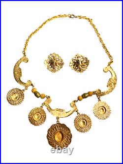 VTG Florenza Gold Plated Metallic Drip Etruscan Style Bib Necklace & Earring Set