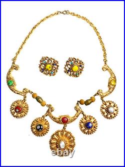 VTG Florenza Gold Plated Metallic Drip Etruscan Style Bib Necklace & Earring Set