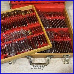 VTG Thai Pure Nickel Bronze Teak Rosewood Handle Flatware Tier Case 143 pieces