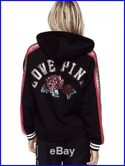 Victoria Secret PINK Pure Black/Red/Gold Bling Rose Lace-Up Hoodie Pullover SET