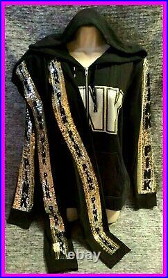 Victoria's Secret Pink Bling Perfect FZ Hoodie + Leggings Black Silver Gold L