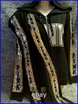 Victoria's Secret Pink Bling Perfect FZ Hoodie + Leggings Black Silver Gold L