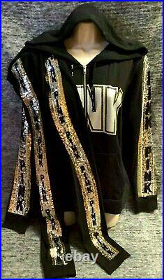 Victoria's Secret Pink Bling Perfect FZ Hoodie + Leggings Black Silver Gold L