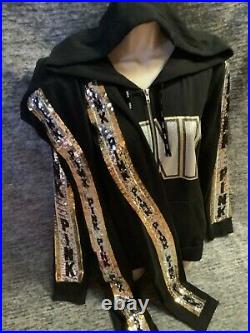 Victoria's Secret Pink Bling Perfect FZ Hoodie + Leggings Black Silver Gold L