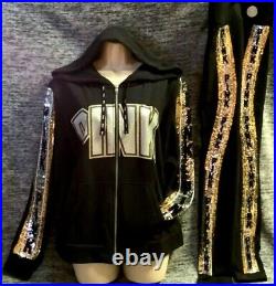 Victoria's Secret Pink Bling Perfect FZ Hoodie + Leggings Black Silver Gold L