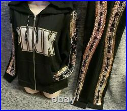 Victoria's Secret Pink Bling Perfect FZ Hoodie + Leggings Black Silver Gold L