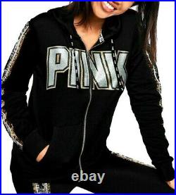 Victoria's Secret Pink Bling Perfect FZ Hoodie + Leggings Black Silver Gold L