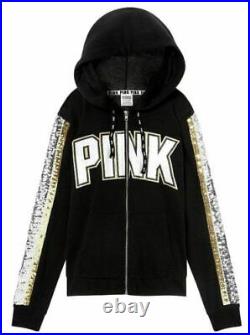 Victoria's Secret Pink Bling Perfect FZ Hoodie + Leggings Black Silver Gold L