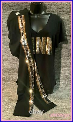 Victoria's Secret Pink Bling Perfect Tee Shirt + Leggings Set Black Gold L NWT