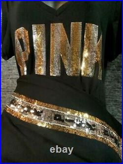 Victoria's Secret Pink Bling Perfect Tee Shirt + Leggings Set Black Gold L NWT