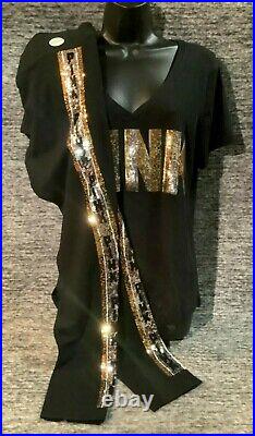 Victoria's Secret Pink Bling Perfect Tee Shirt + Leggings Set Black Gold L NWT