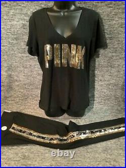 Victoria's Secret Pink Bling Perfect Tee Shirt + Leggings Set Black Gold L NWT