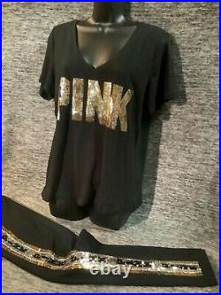 Victoria's Secret Pink Bling Perfect Tee Shirt + Leggings Set Black Gold L NWT