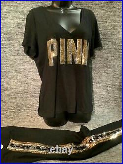 Victoria's Secret Pink Bling Perfect Tee Shirt + Leggings Set Black Gold L NWT