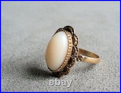 Vintage 18K Yellow GOLD Angel Skin CORAL RING Size 7 Ornate Setting 750 Perfect