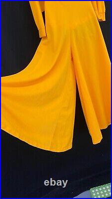 Vintage 1970s gold pantsuit set, yellow bodysuit blouse palazzo wide leg pants L