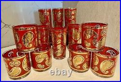 Vintage Culver GLASSES Red and 22k Gold Paisley 12 pc SET! PERFECT
