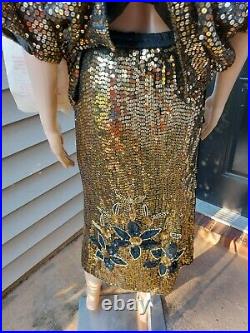 Vintage Gold And Blue Sequin Two Piece Skirt And Top Set 100% Pure Silk Size XL