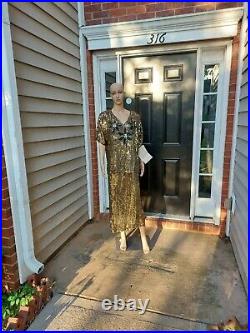 Vintage Gold And Blue Sequin Two Piece Skirt And Top Set 100% Pure Silk Size XL