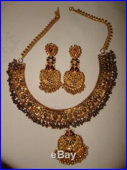 Vintage India Style Set 22k/ 20k Pure Gold Filigree Necklace Earrings Enamel