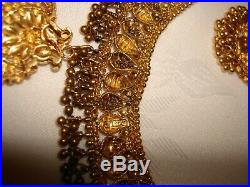 Vintage India Style Set 22k/ 20k Pure Gold Filigree Necklace Earrings Enamel