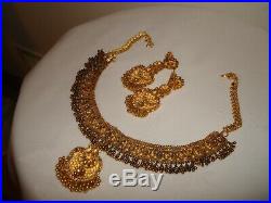 Vintage India Style Set 22k/ 20k Pure Gold Filigree Necklace Earrings Enamel