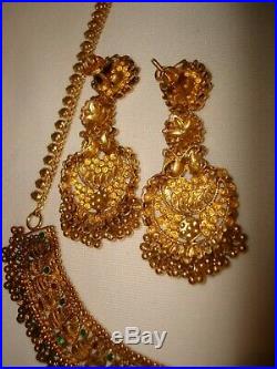 Vintage India Style Set 22k/ 20k Pure Gold Filigree Necklace Earrings Enamel