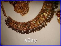 Vintage India Style Set 22k/ 20k Pure Gold Filigree Necklace Earrings Enamel