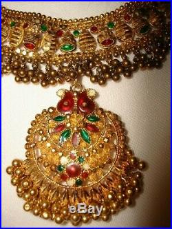 Vintage India Style Set 22k/ 20k Pure Gold Filigree Necklace Earrings Enamel