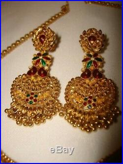 Vintage India Style Set 22k/ 20k Pure Gold Filigree Necklace Earrings Enamel