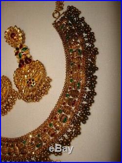 Vintage India Style Set 22k/ 20k Pure Gold Filigree Necklace Earrings Enamel