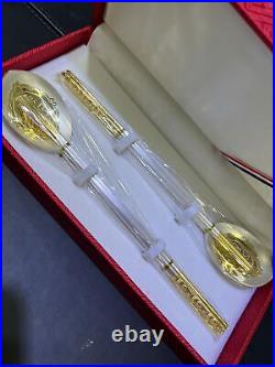 Vintage Korean 99% Pure Silver 990 Spoon and Chopstick with 24K gold Inlaid Set