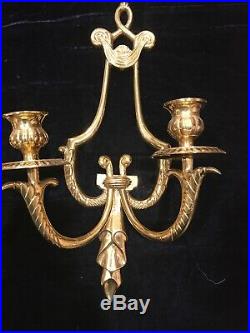 Vintage Set of 2 Pure Brass Wall Sconces, Two Arms Candle holders 16H