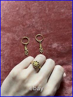 Vintage Three Piece Pure Gold Adjustable Ring and Earrings Set
