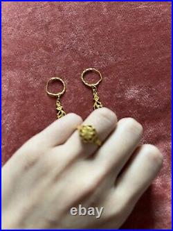 Vintage Three Piece Pure Gold Adjustable Ring and Earrings Set