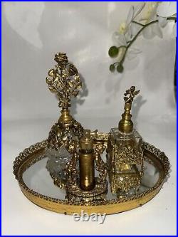 Vintage Vanity Set 24Kt Gold Plated By Globe 4 Pieces Perfume Bottle Tray Ormolu