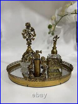 Vintage Vanity Set 24Kt Gold Plated By Globe 4 Pieces Perfume Bottle Tray Ormolu