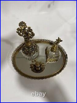 Vintage Vanity Set 24Kt Gold Plated By Globe 4 Pieces Perfume Bottle Tray Ormolu