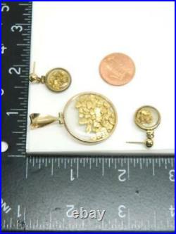 Vtg Antique 14k Yellow Gold Frame -22ct Pure Gold Flakes Pendant & Earrings Set