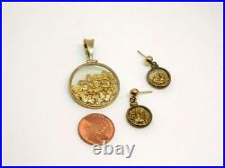 Vtg Antique 14k Yellow Gold Frame -22ct Pure Gold Flakes Pendant & Earrings Set