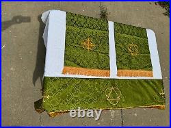 Vtg Religious Paraments Altar Banner Set Green, Gold Fringe 100% Pure Silk