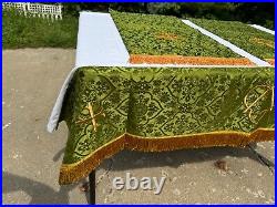 Vtg Religious Paraments Altar Banner Set Green, Gold Fringe 100% Pure Silk