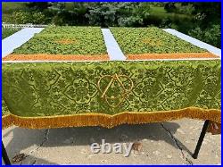 Vtg Religious Paraments Altar Banner Set Green, Gold Fringe 100% Pure Silk