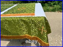 Vtg Religious Paraments Altar Banner Set Green, Gold Fringe 100% Pure Silk