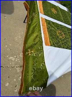 Vtg Religious Paraments Altar Banner Set Green, Gold Fringe 100% Pure Silk