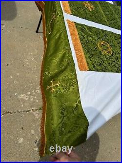 Vtg Religious Paraments Altar Banner Set Green, Gold Fringe 100% Pure Silk