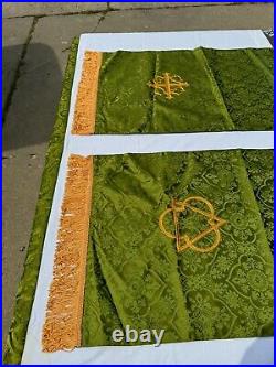 Vtg Religious Paraments Altar Banner Set Green, Gold Fringe 100% Pure Silk