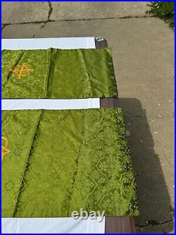 Vtg Religious Paraments Altar Banner Set Green, Gold Fringe 100% Pure Silk